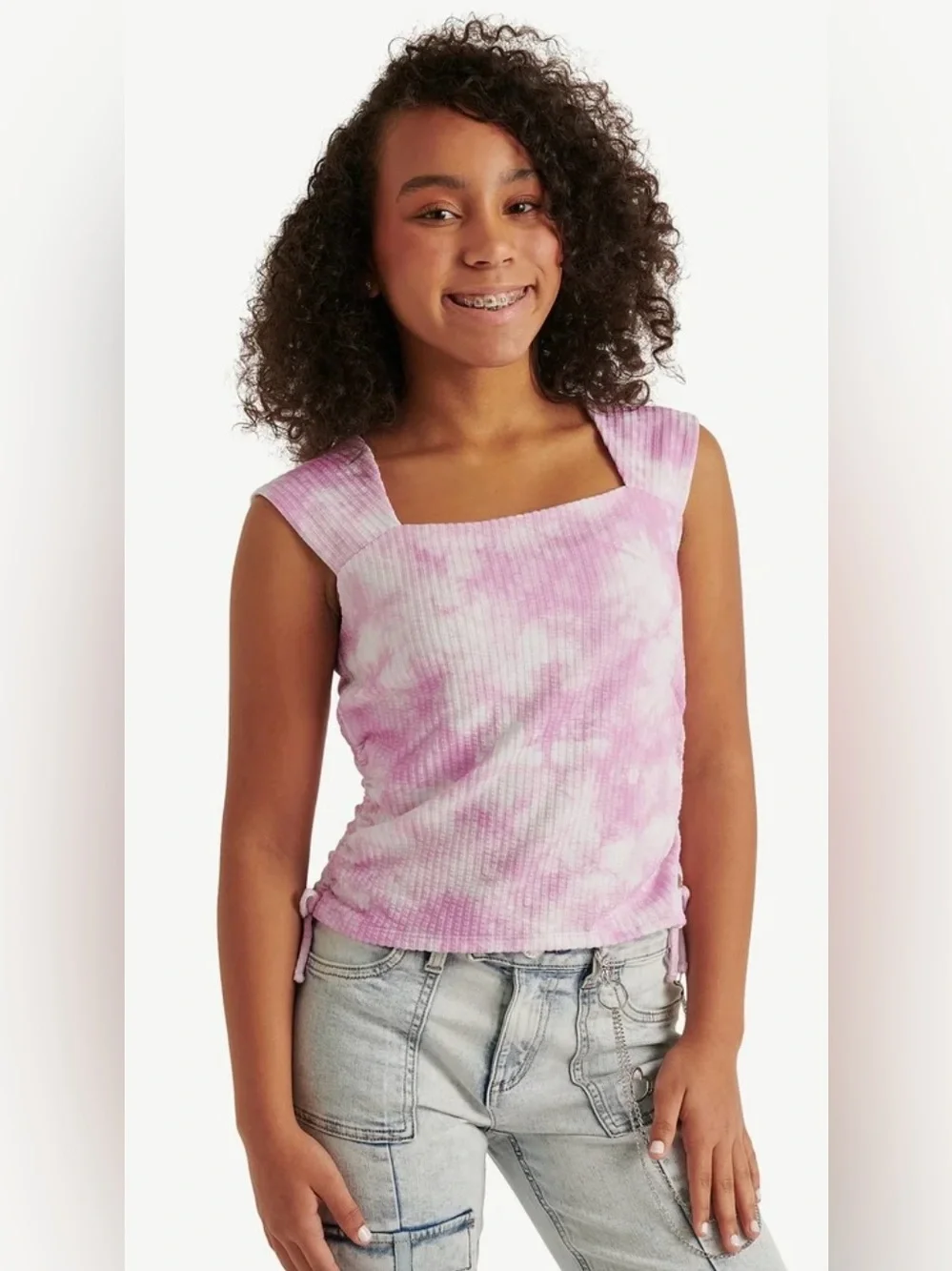 Justice Girls XS 5/6 Pink Tie Dye Ribbed Cinch Side Square Neck Top NWT